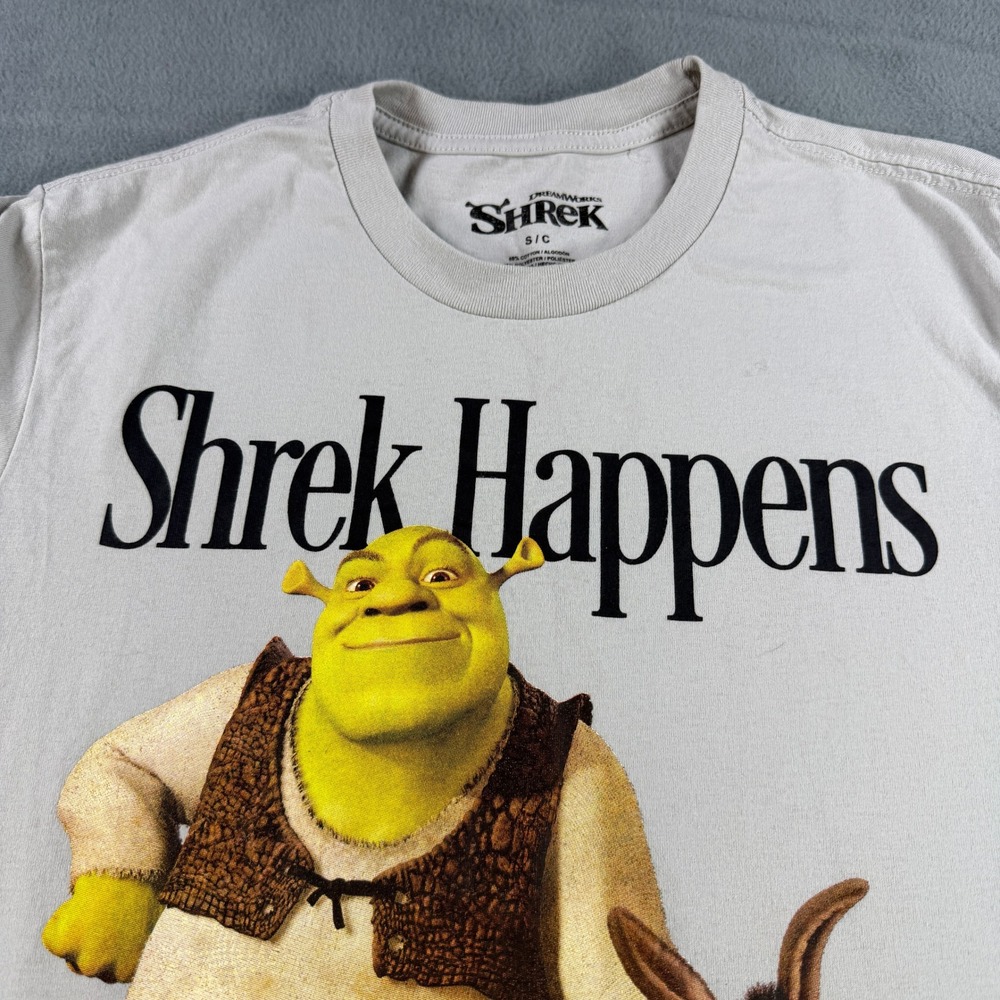 Dreamworks Shrek Happens Graphic T-Shirt Gray Mens Small Donkey Prince Charming